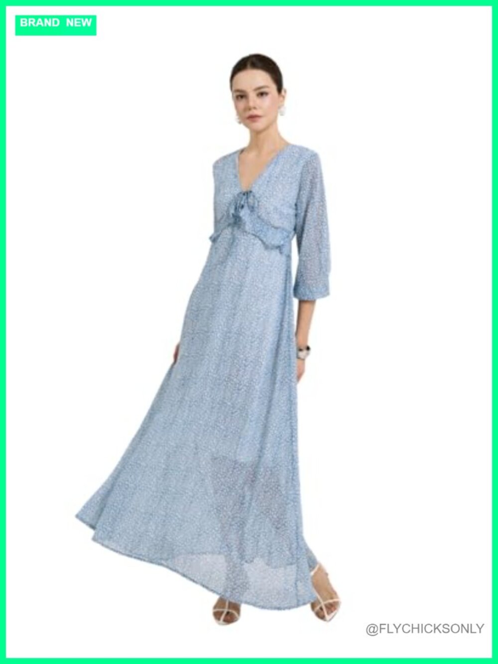 V Neck Chiffon Maxi Dress Fit & Flare 3/4 Sleeve Summer Casual